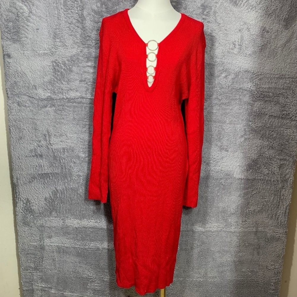 Derek Heart Sweater Dress Womens 3X Red Ribbed Knit Ring‎ Detail V-Neck Midi